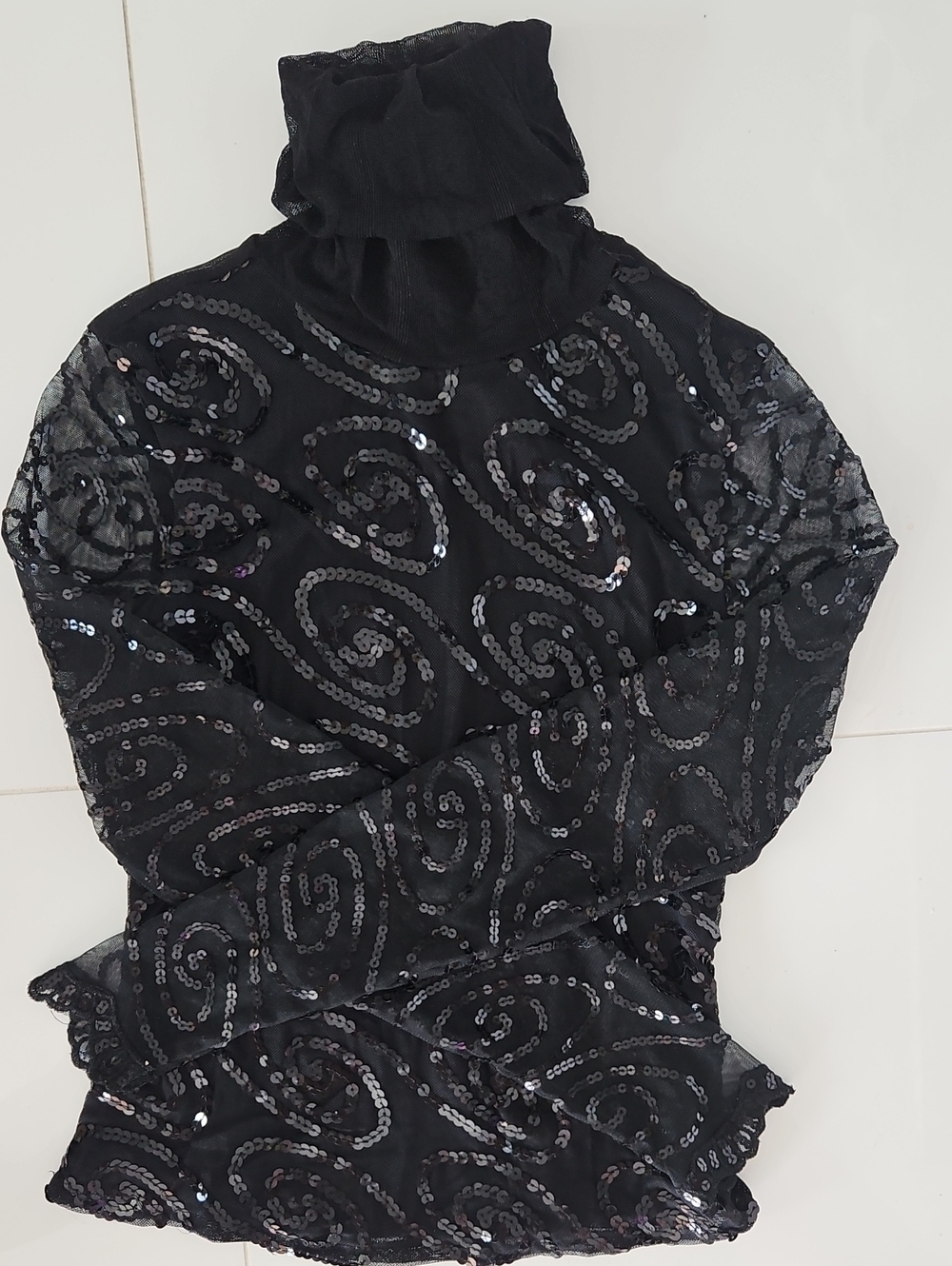 Black Sequin Swirl Mesh Turtleneck Long Sleeve Tee